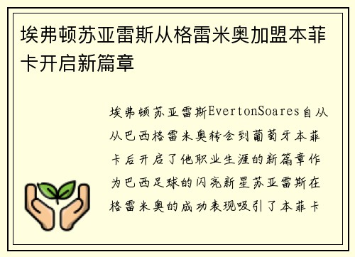 埃弗顿苏亚雷斯从格雷米奥加盟本菲卡开启新篇章